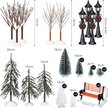 Aoriher 28 Pieces Christmas Mini Artificial Decor Village Tree Set 22 Frosted Christmas Pine Trees and Snow Covered Village Trees 4 Xmas Street Lamp Post and 2 Miniature Park Bench Seat for Christmas