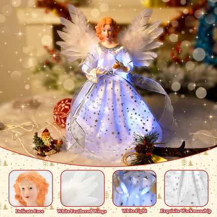 Christmas Angel Tree Topper with White Feather Wings, Elegant Lighted Tree Top Ornament for Indoor Home Holiday Party Christmas Decoration, 12 Inch, Silver