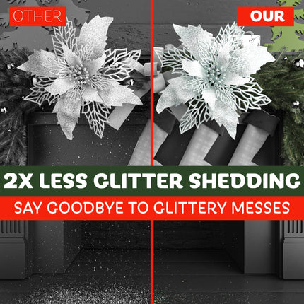 Ubrave 12PCS White Poinsettia Christmas Tree Decorations Glitter Artificial Poinsettia Flowers White Poinsettia Christmas Tree Ornaments, Easy to Apply with Box