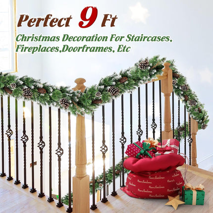 Jin&Bao 9FT Christmas Garland with 100 Lights, Pre-lit Christmas Garlands Xmas Decorations 8 Mode Timer Waterproof with Snowy Large Pine Cones, Long Pine Cones for Mantle Stairs Door Outdoor Decor