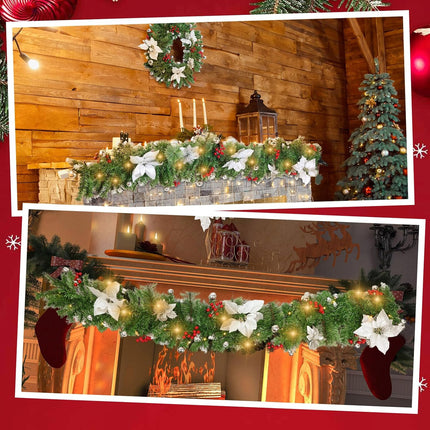 2 Pack 6ft Christmas Garland with LED Lights Pre Lit Outdoor Christmas Garland with Pine Cones Bow Gold Berry for Fireplace Mantel Holiday Indoor Christmas Decor, Total 12ft (Style 2)