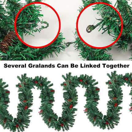 Pre-lit 9 ft Christmas Garland with Red Berries and Pine Cones, 50 Waterproof LED Lights (1)
