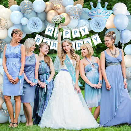 Blue Birthday Decorations, Blue Party Decorations with Happy Birthday Banner Dusty Blue Sand White Gold Balloons Tablecloth Curtain Sash Tiara for Women Girls Princess Light Blue Birthday Decorations