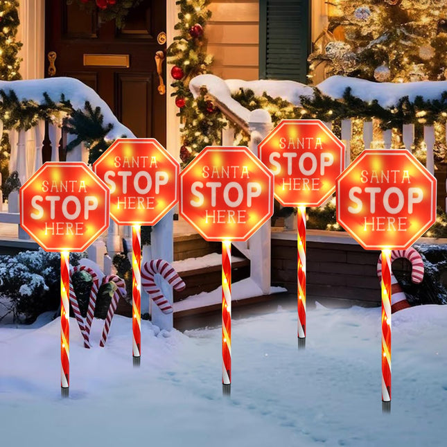 MUMTOP 5 Pack Santa Stop Here Christmas Decorations, Battery Operated Pathway Christmas Stake Lights, Outdoor Christmas Lights for Lawn Yard Garden