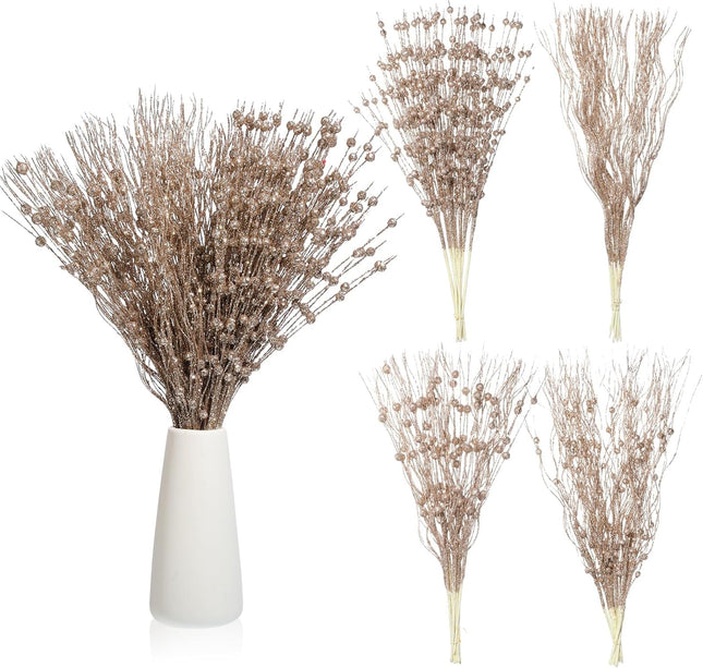 36 Pcs 17'' 15'' Christmas Artificial Glitter Berry Stems 4 Styles Christmas Decorative Tree Picks Branches Large Glittery Twigs for Christmas Tree Xmas Wreath Vase Filler (Champagne Gold)