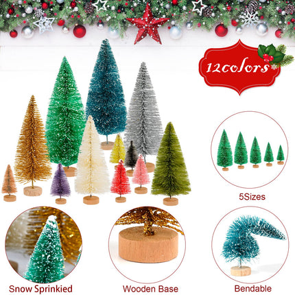 ONESING 50 Pcs Mini Xmas Tree, Bottle Brush Trees with Wooden Base Artificial Small Christmas Pine Tree 5 Sizes Tiny Pine Tree Christmas Sisal Snow Trees for Home Tabletop Christmas Decorations