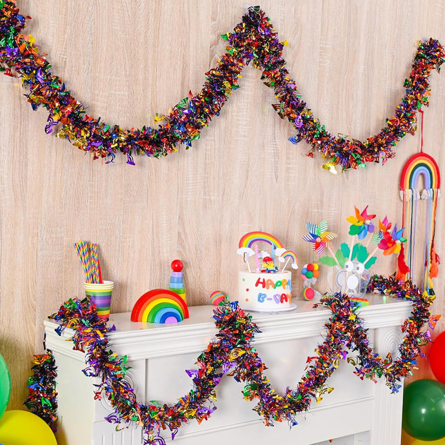 LOLStar Rainbow Tinsel Garland, 26.24 FT Rainbow Metallic Tinsel Twist Garland Shiny Hanging Decoration for Birthday Wedding Christmas Pride Month Parade Floats Xmas Tree Home Stairs Indoor Outdoor