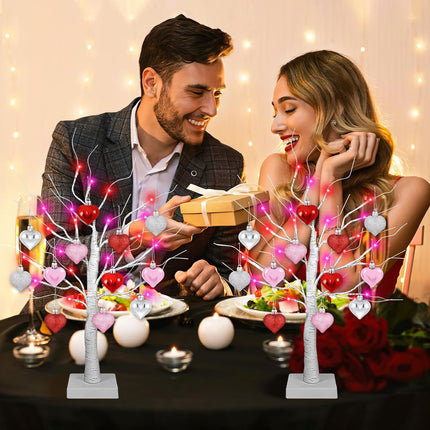 [Timer] 2 Pack 24 Inch Valentines Day Decor Tree with 24 Red Pink LED Lights and Heart Ornaments, USB/Battery Operated Valentines Decoration Tree Light, Valentines Day Decorations Home Table Bedroom