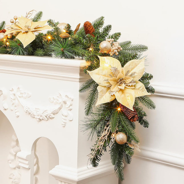 SHareconn 6FT Pre-Lit Christmas Garland Decoration with Multi-Color LED Lights, Battery-Operated Timer, Poinsettia for Mantle Fireplace Stairs Indoor Outdoor Xmas Decoration, Champagne Gold