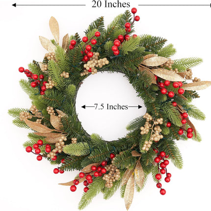 Christmas Small Wreath for Front Door 20 Inches Pre-Lit Timer Pine Xmas Artificial Garland Decorations Holiday Fireplace Wall Window Indoor Outdoor Decor