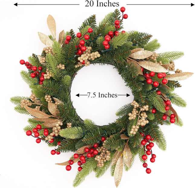 Christmas Small Wreath for Front Door 20 Inches Pre-Lit Timer Pine Xmas Artificial Garland Decorations Holiday Fireplace Wall Window Indoor Outdoor Decor
