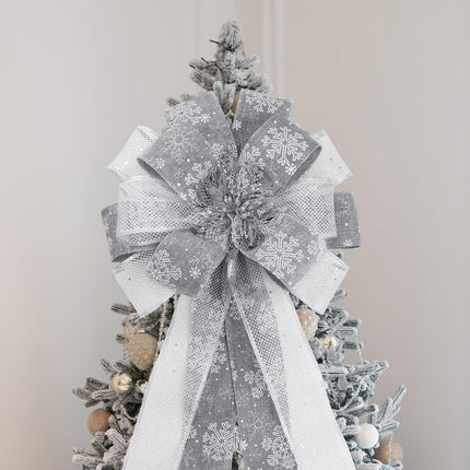 Christmas Tree Topper Bow, 53X13 Inch Artificial Xmas Tree Topper Ornaments for Home, Wedding, Birthday Party, Indoor Outdoor Thanksgiving Christmas Decorations, Grey & Silver