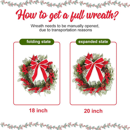 N&T NIETING 20 Inch Christmas Wreath with Lights for Front Door Pre-lit Wreaths with Bow Berries Pinecones Battery Operated 8 Lighting Modes Timer for Kitchen Wall Fireplace Indoor Outdoor Xmas Decor