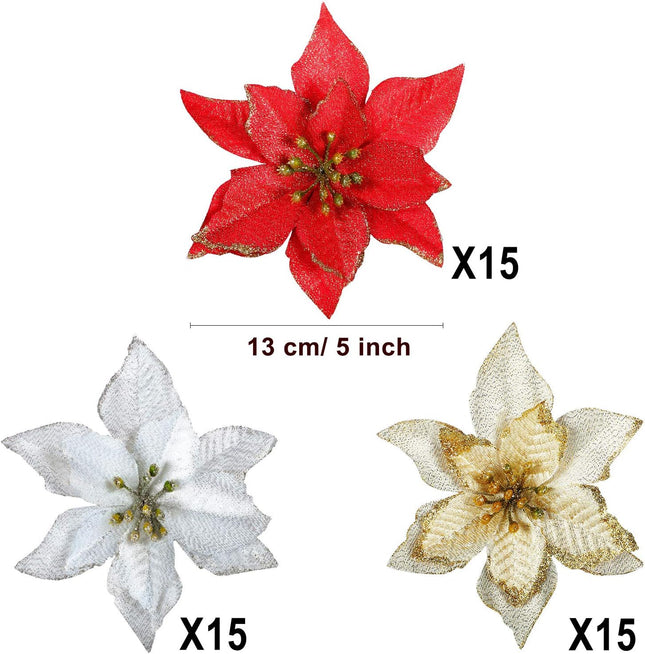 WILLBOND 45 Pieces Christmas Poinsettia Decorations Glitter Poinsettia Flowers Christmas Tree Flowers Red Gold White Silver for Xmas Tree Ornaments, 5 Inch
