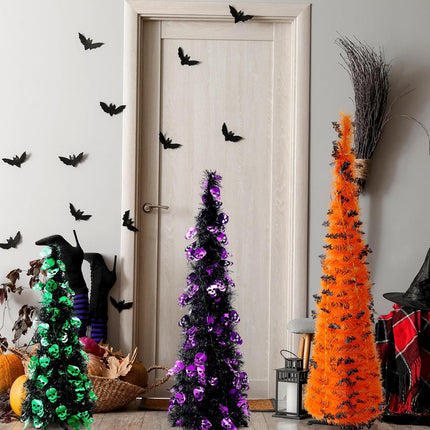 Blosssound 3 Pcs 4/3/2ft Christmas Tree Tinsel Pop up Collapsible Christmas Tree Artificial Pencil Tree for Christmas Party Holiday Indoor Home Decorations, Green Purple Orange