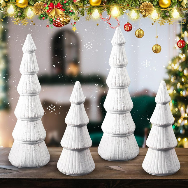 Queekay 4 Pcs Wooden Christmas Tree Tabletop Tree Figurine Unfinished Table Top Christmas Tree Decor for DIY Crafts Peg People Holiday Nature Table Home Decor (White)