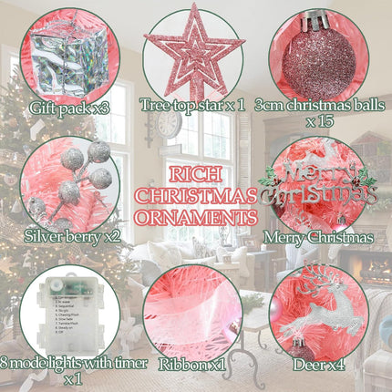HMASYO Small Christmas Tree with Lights and Ornaments, 22 Inch Pink Tabletop Mini Christmas Tree with Light, Star Topper, DIY Artificial Table Top Xmas Tree for Holiday Indoor Home Decoration