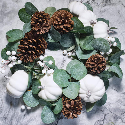 Winlyn 2 Pack White Pumpkin Garland Artificial Eucalyptus Garland with White Pumpkins Pinecones Berries Fall Foliage Garland for Wedding Arch Backdrop Thanksgiving Table Runner Farmhouse Décor