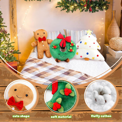 3 Pcs Christmas Throw Pillow Set Plush Gingerbread Men Pillow 18 Inch Christmas Tree Stuffed Pillows Soft Cute Xmas Wreath Pillow for Christmas Party Cushion Decoration