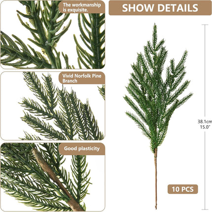 10PCS Christmas Norfolk Pine Stems, Real Touch 15 Inch Artificial Norfolk Pine Branches, Fake Greenery Pine Picks for Vase DIY Holiday Winter Table Indoor Decor(Green)