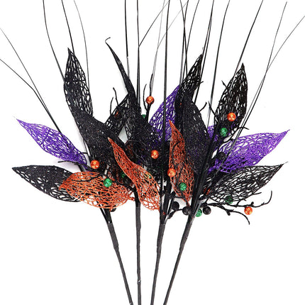 Halloween Flower Branches 16" Glitter Leaves Picks Artificial Berries Stems Fall Sprays Fake Twigs for Halloween Haunted House Gothic Tree Topper Vase Fillers Home Party Decor, Pack of 4 (Berries)