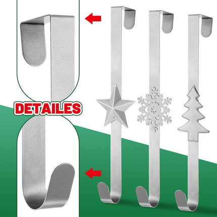 Whaline 3Pcs Christmas Wreath Hanger Over The Door Metal Wreath Hook Star Snowflake Christmas Tree Wreath Holder for Xmas Party Decor Door Wall Home Office, Silver, 15in