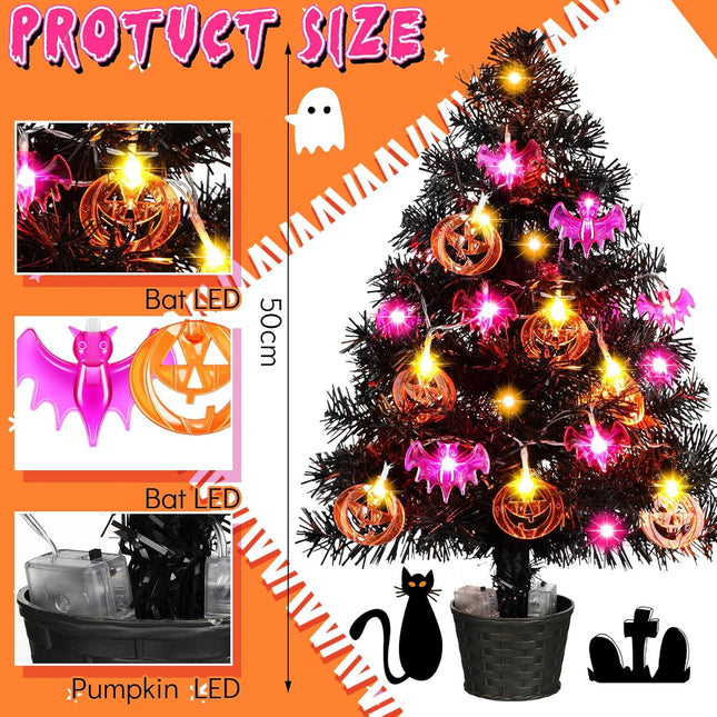 20 Inch Small Halloween Tree Mini Artificial Spooky Black Tree Glittered with LED Orange Pumpkin Purple Bat Lights, Battery Powered Tree for Halloween Indoor Room Tabletop Decoration