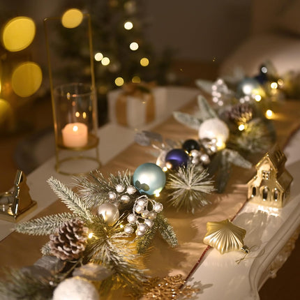 Valery Madelyn 9 feet Pre-Lit Christmas Garland with Light for Mantle, Lighted Battery Operated Xmas Garland with Silver Blue Ball for Front Door Fireplace Table Centerpiece Outdoor Window Home Decor