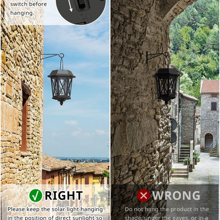 Solar Lantern Outdoor Hanging Solar Lights, Waterproof Metal Solar Lights Outdoor with Clear Glass, LED Solar Powered Lights Wall Mount for Yard Garden Wall Outdoor, Black - 2 Pack