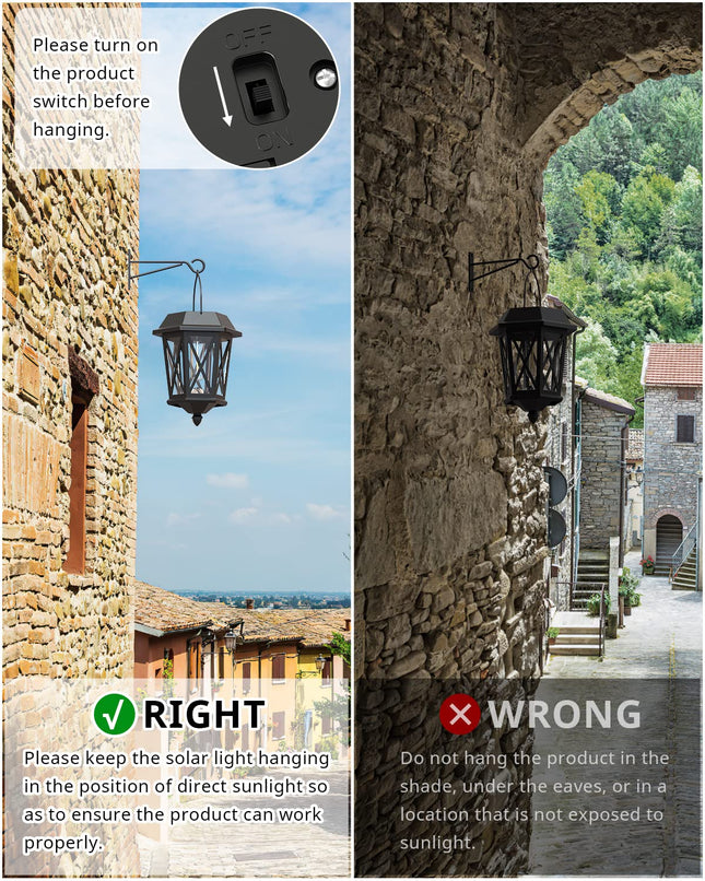 Solar Lantern Outdoor Hanging Solar Lights, Waterproof Metal Solar Lights Outdoor with Clear Glass, LED Solar Powered Lights Wall Mount for Yard Garden Wall Outdoor, Black - 2 Pack