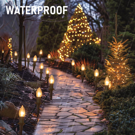 Dazzle Bright C9 Christmas Pathway Lights Outdoor, 30 FT 24 Bulbs Waterproof Walkway Lights with Stakes, Connectable Christmas Decorations for Outside Sidewalk Yard Decor, Warm White