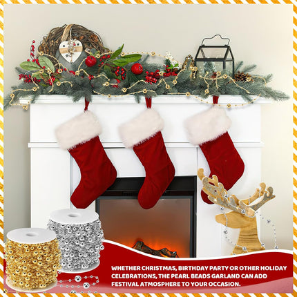 Jansun Christmas Tree Beads Garland, 2 Rolls 197 Feet Gold Silver Christmas Pearl Strands Chain Bead Garland for Christmas Tree Fireplace Wreath Crafts Wrapping Wedding Party Decoration