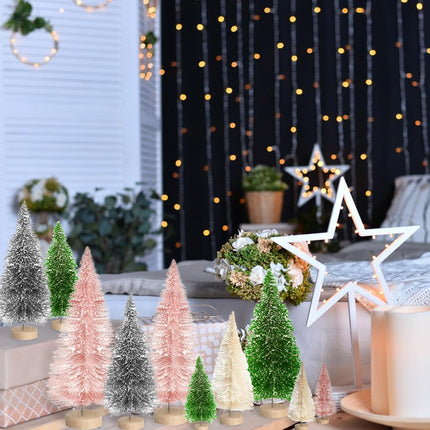 8pcs Mini Christmas Tree, Artificial Bottle Brush Trees with Wood Base, Tabletop Miniature XmasTrees with 4 Small Christmas Wreath, Fake Xmas Tree Ornament, White Christmas Tree for Christmas Décor