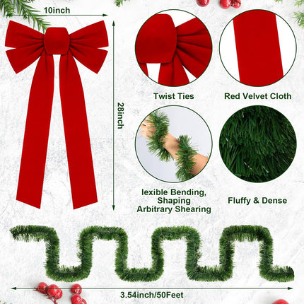Riceshoot 50 Feet Christmas Garland with Lights and Large Red Bows Christmas Fence Decoration Artificial Xmas Garland with 8 Pcs 28 x 10 Inch Red Velvet Bows for Outdoor Garden Fence Door (Classic)