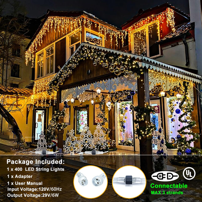 Icicle Christmas Lights Outdoor, 33ft 400 LED Christmas Lights 8 Modes Waterproof with 75 Drops, Plug in Twinkle Fairy String Lights for House Indoor Party Holiday Wedding Decoration, Warm White