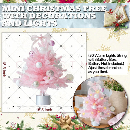 18inch Pink Mini Christmas Tree Small Christmas Tree with Lights and Silver Rotate Music Box Tree Base Pre-Decorated Table Christmas Tree Artificial Xmas Tree with Ornaments Add Festive Charm
