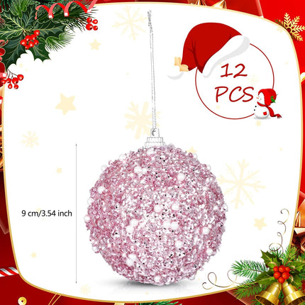 Liliful 12 Pcs Christmas Ball Ornaments Christmas Tree Decorations Foam Glitter Balls Hanging Xmas Tree Balls for Home Year Holiday Indoor Outdoor Party Decor (Pink,3.54 Inch)