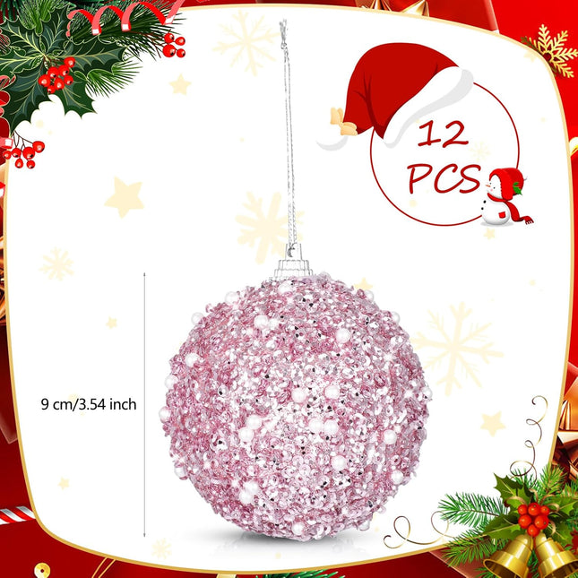 Liliful 12 Pcs Christmas Ball Ornaments Christmas Tree Decorations Foam Glitter Balls Hanging Xmas Tree Balls for Home Year Holiday Indoor Outdoor Party Decor (Pink,3.54 Inch)