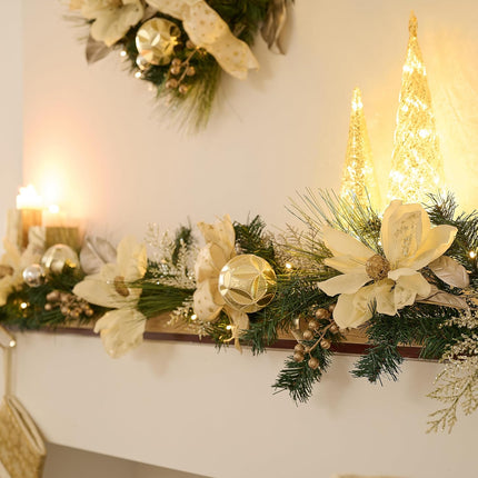 Valery Madelyn 6 feet Pre-Lit Christmas Garland with Lights for Mantle, Lighted Battery Operated Xmas Garland with White Gold Ball Magnolia for Front Door Fireplace Table Centerpiece Window Home Decor