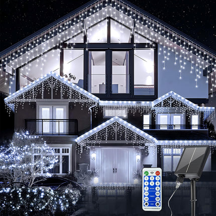 300 LED Christmas Icicle Lights Outdoor, 8-Mode Solar Icicle Lights Led Fairy Curtain Lights for Wedding Party Holiday Christmas Decorations(White)
