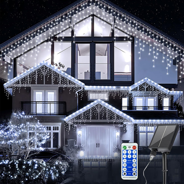 300 LED Christmas Icicle Lights Outdoor, 8-Mode Solar Icicle Lights Led Fairy Curtain Lights for Wedding Party Holiday Christmas Decorations(White)