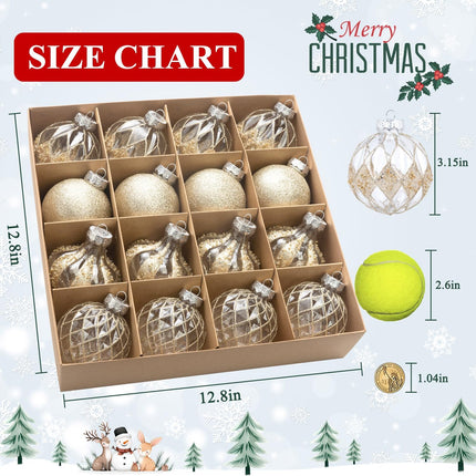 3.15" Clear and Champagne Christmas Ball Ornaments Set, 16 Pcs Luxury Hand-Painted Xmas Tree Decoration, Large Shatterproof Decorative Farmhouse Balls for Party Holiday Wreath Garland Home Decor