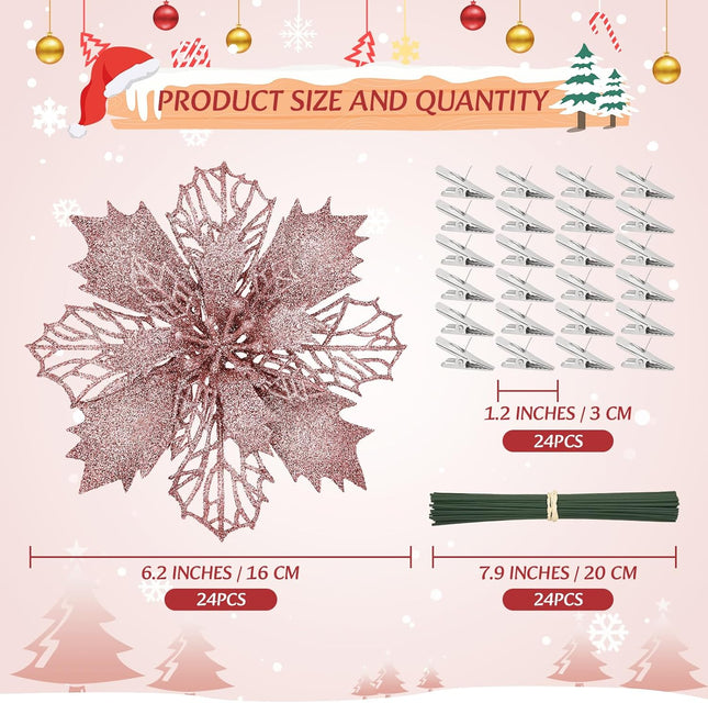 Waipfaru 24 Pcs Christmas Tree Decorations, Rose Gold Poinsettias Artificial Christmas Flowers, Pink Glitter Christmas Ornaments Picks for Christmas Tree Xmas Winter Wreath Garland Decor