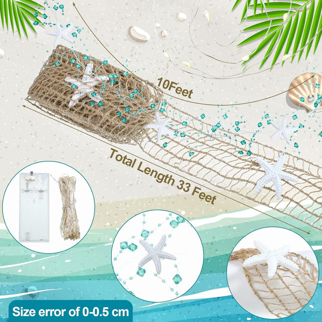 20 Feet Beach Decor Set Diamond Beaded Starfish Garland Christmas Decoration Natural Fish Net Coastal Beach Garland with White Starfish for Xmas Tree Wedding Supplies (Starfish and Light String)