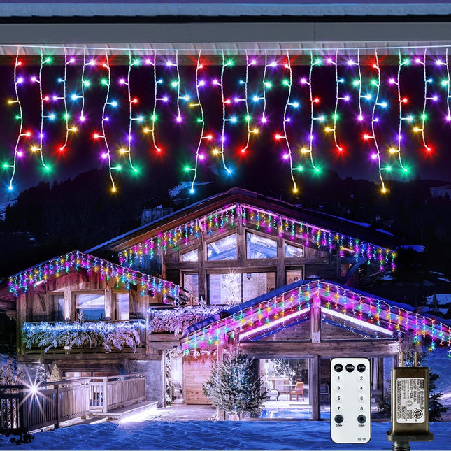 32.8FT Icicle Lights, Christmas Lights Outdoor with 400LED 75 Drops, IP65 Waterproof Eaves Lights, 8 Modes, Hanging Fairy Lights for Christmas Eaves Garden Room Decoration Multicolor