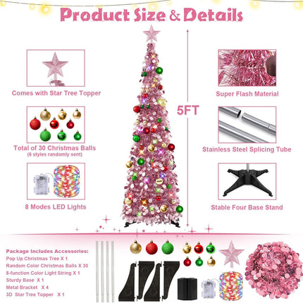 N&T NIETING Pop Up Christmas Tree with Lights & 30 Balls, 5Ft Collapsible Rose Gold Tinsel Christmas Tree Decorations, Pencil Christmas Tree Skinny Christmas Tree for Holiday Xmas Home Office Decor