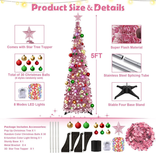 N&T NIETING Pop Up Christmas Tree with Lights & 30 Balls, 5Ft Collapsible Rose Gold Tinsel Christmas Tree Decorations, Pencil Christmas Tree Skinny Christmas Tree for Holiday Xmas Home Office Decor