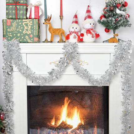 Christmas Garland, 32.8Ft Silver Christmas Tinsel Garland, Christmas Tree Garland Decorations for Home Party Birthday Holiday Indoor Outdoor Supplies