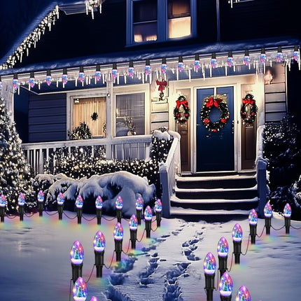 Christmas Pathway Lights Outdoor, 25Ft 20 Led C9 Christmas Lights with 20 Stakes, Waterproof Connectable Christmas Walkway Lights for Sidewalk, Yard, Garden, Lawn, Outdoor Christmas Decorations