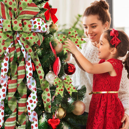 6PCS Christmas Tree Topper Wreath Bow Christmas Tree Bow Topper Large Red Green Bow and Small Wreath Bows Christmas Decorations for Tree Wrapping Wall Home Front Door Decor 45"x13"